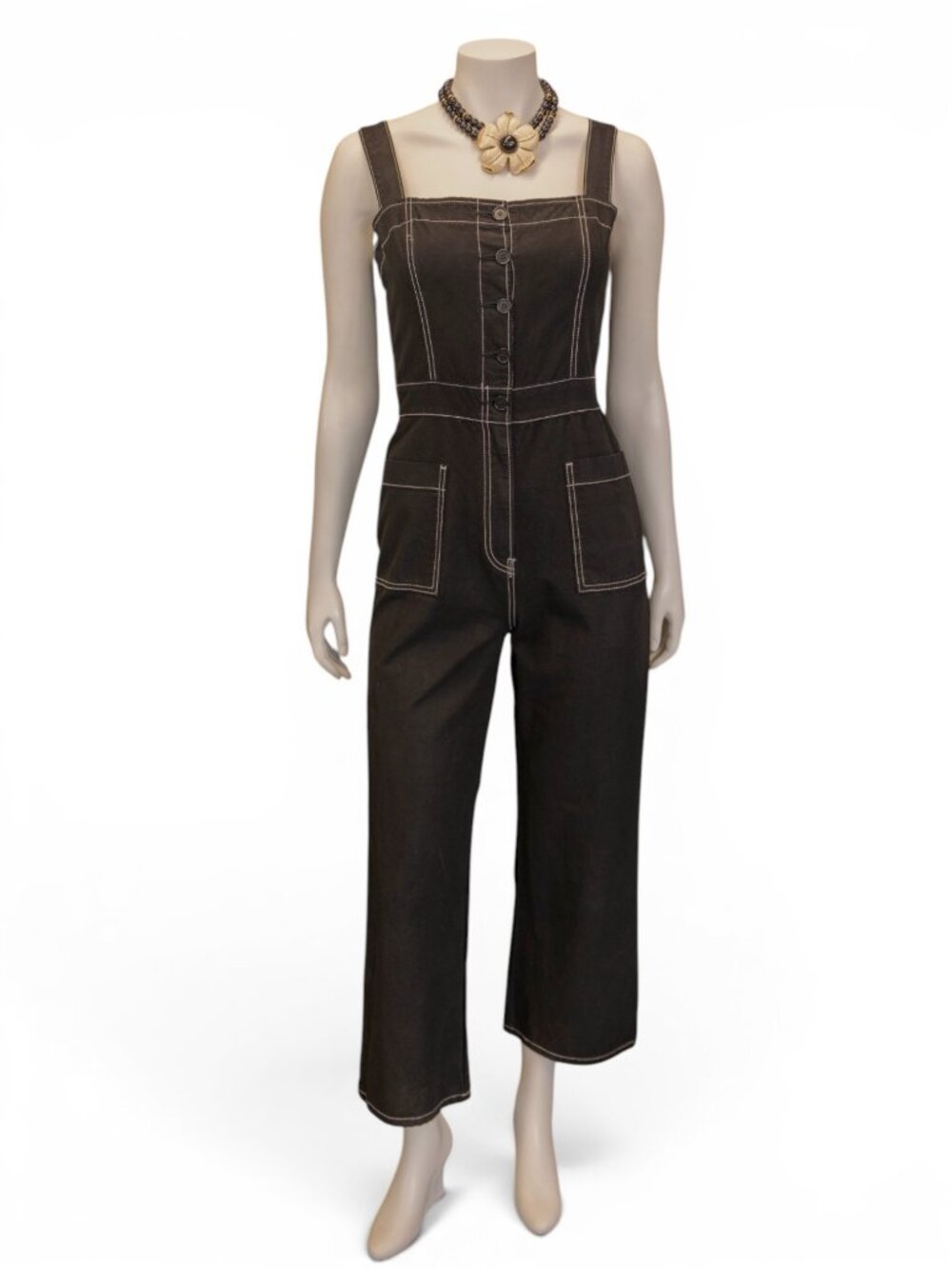 Reformation Amory Topstitch Black Denim Overalls Jumpsuit Size Medium